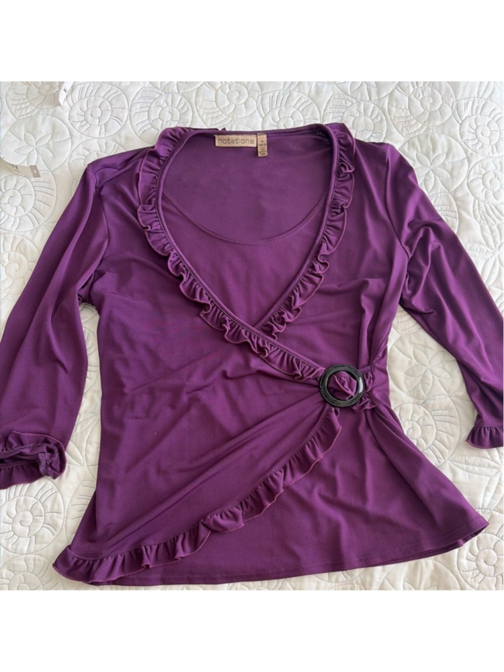 Y2k Women's Notations Purple Ruffle Wrap Top M with Black Buckle #0066